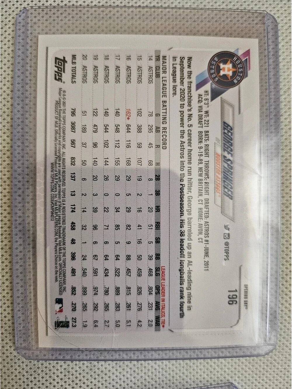 2021 Topps Opening Day Blue Foil #196 George Springer - Houston Astros